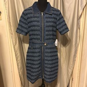 NWT Jason Wu Collared Zip Front Dress Woven Tweed Denim Blue Size Large